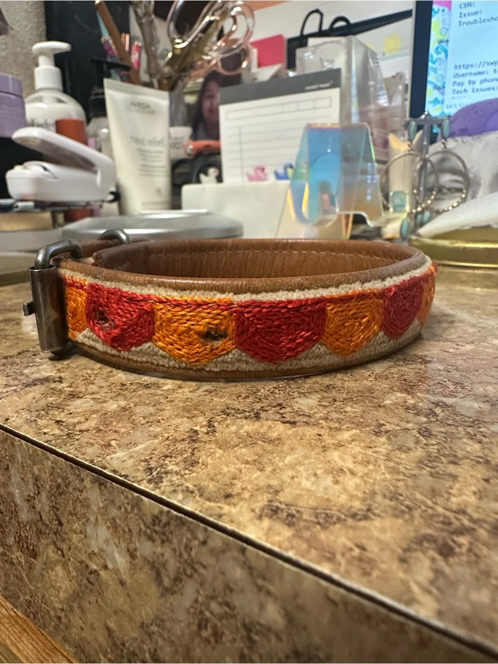 Embroidered Leather Dog Collar with Orange & Red Hearts